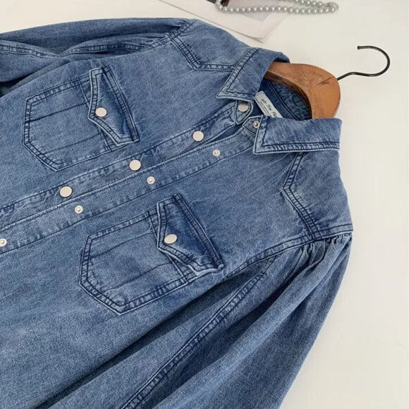 NWOT We The Free With Love Denim Puff Long Sleeve Top Indigo M L XL - Picture 3 of 4